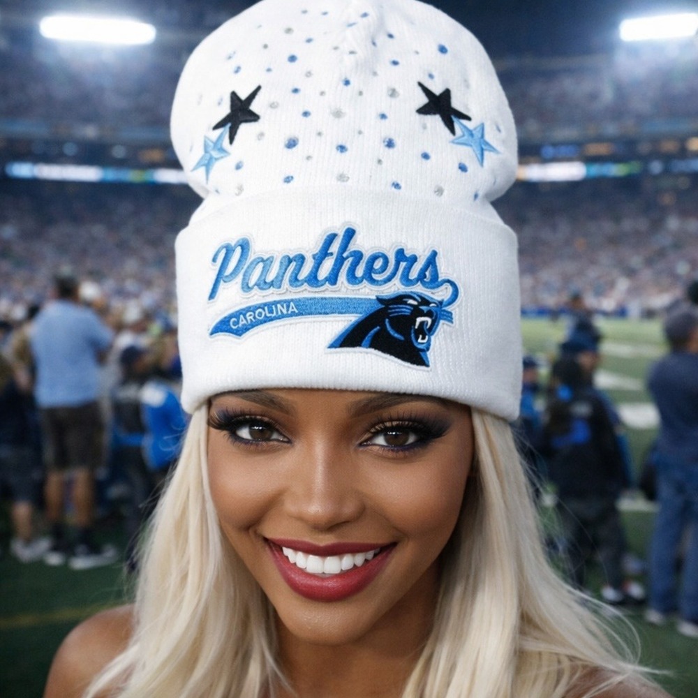 Carolina Panthers Beanie White design with logo, stars & rhinestones